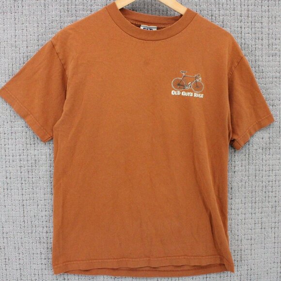 Vintage Old Guys Rule Shirt M Mens Orange Short Sleeve Bicycle Graphic Logo Y2k - Picture 2 of 9